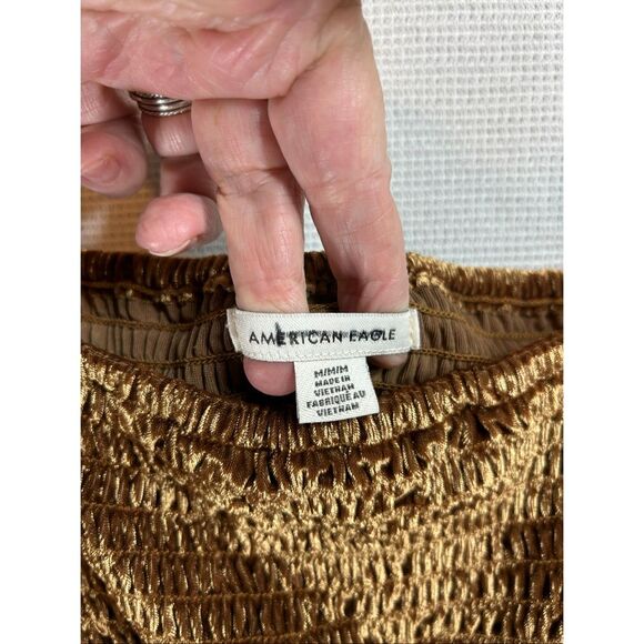 American Eagle Crushed Velvet Smocked Peplum Top | Puff Sleeve Boho Y2K | M - Picture 3 of 10
